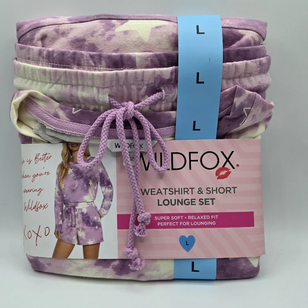 Wildfox Lounge Set Sweatshirt Shorts Tie Dye Stars Pajama PJ Purple Pink L